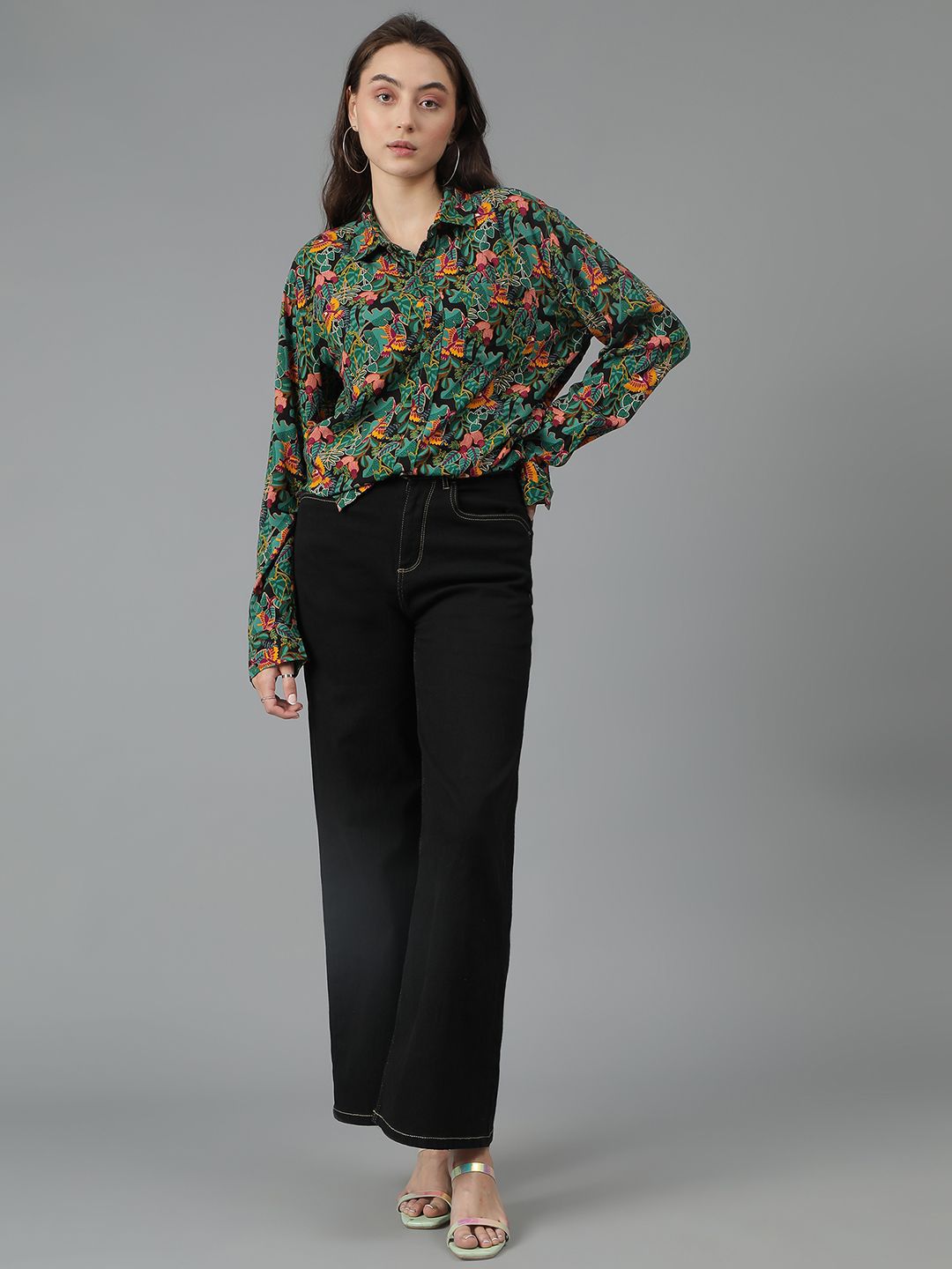 Kotty Women Spread Collar Floral Printed Cotton Oversized Casual Shirt