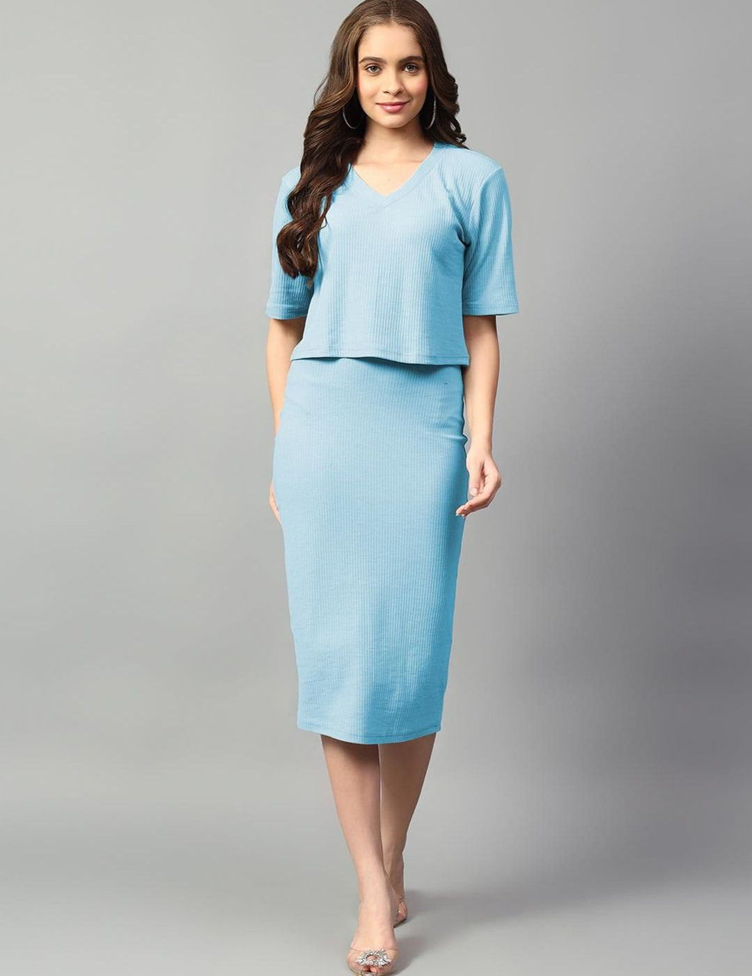 Kotty Blue V-Neck Short Sleeves Top With Skirt 