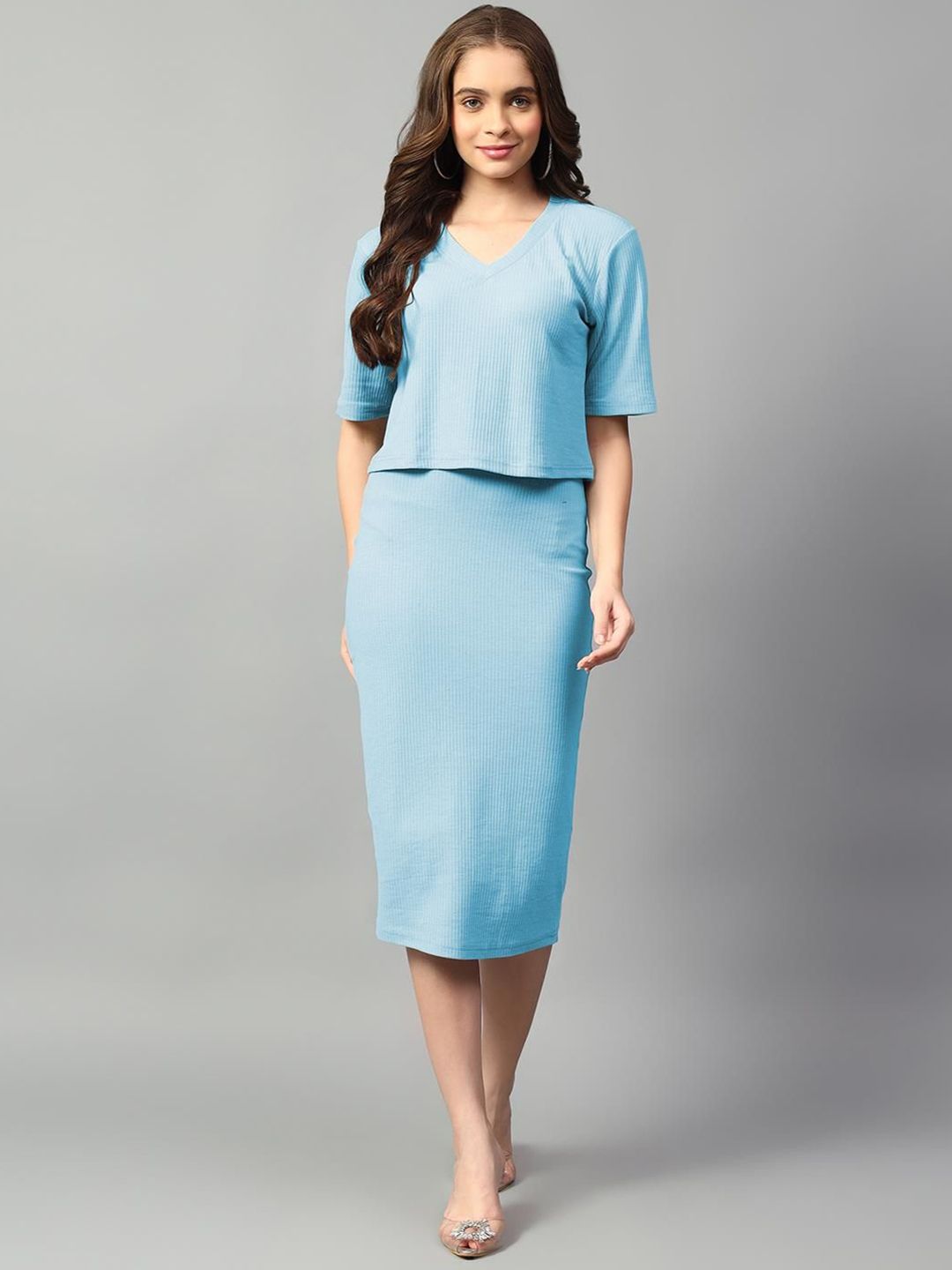 Kotty Blue V-Neck Short Sleeves Top With Skirt 
