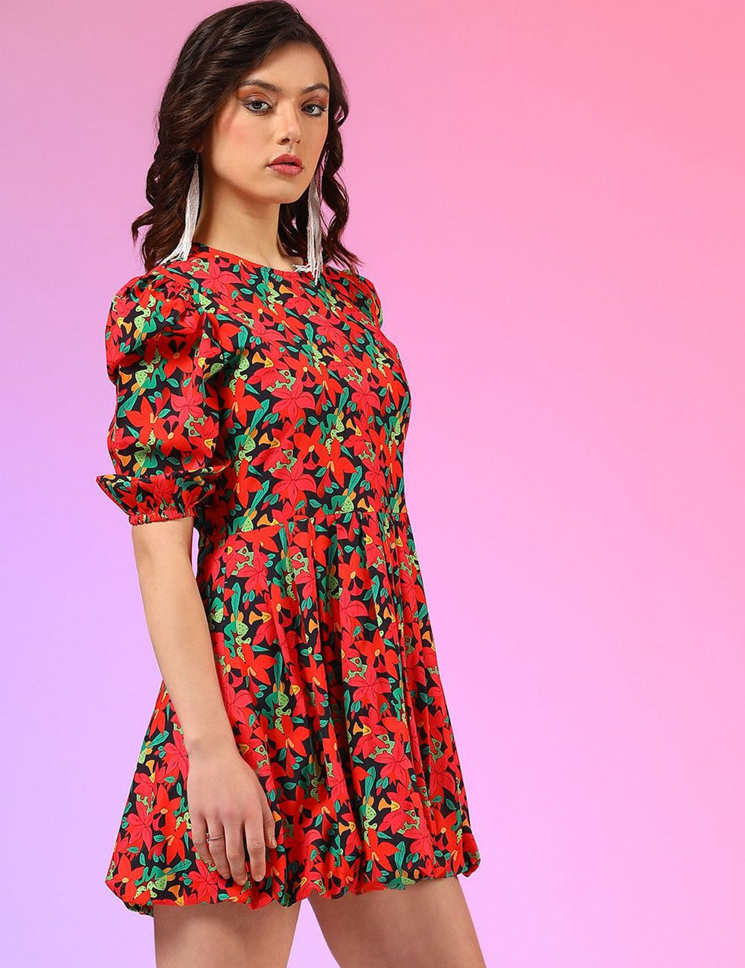 Kotty Women Printed Puffed Sleeves Fit & Flare Mini Dress