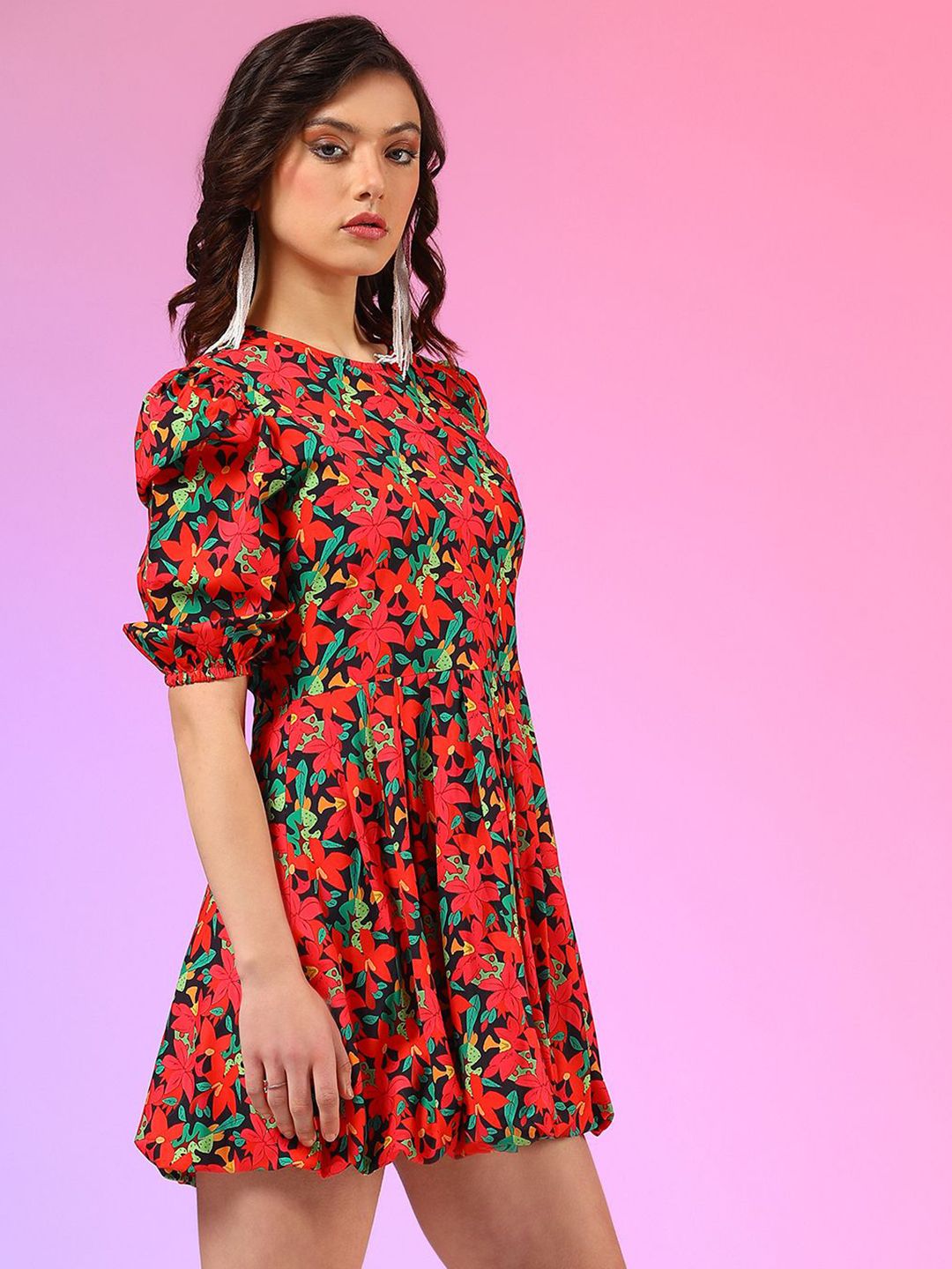 Kotty Women Printed Puffed Sleeves Fit & Flare Mini Dress