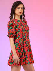 Kotty Women Printed Puffed Sleeves Fit & Flare Mini Dress