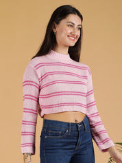 Kotty Women Striped Round Neck Crop Pullover Sweater 