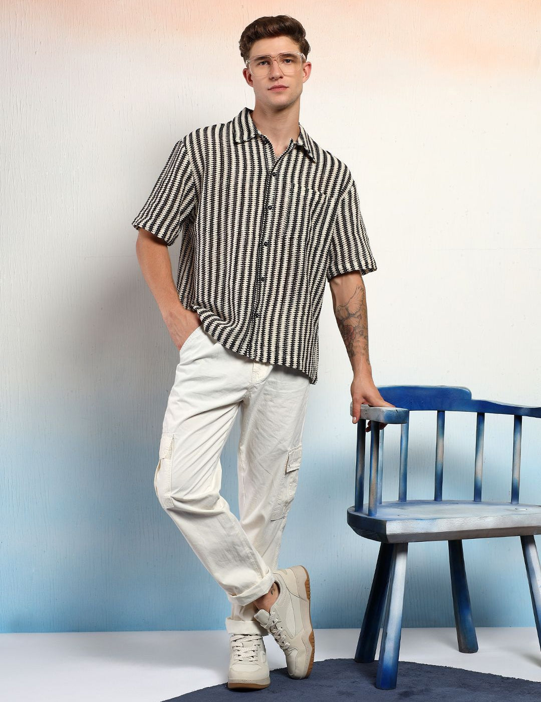 Kotty Men Sheer Striped Casual Shirt