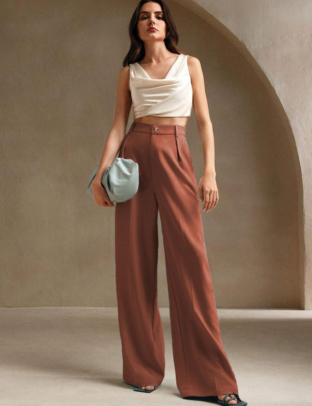 Kotty Women Straight Fit High-Rise Easy Wash Pleated Cotton Trousers