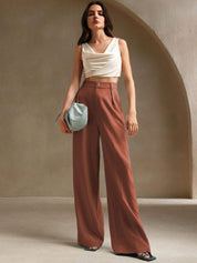 Kotty Women Straight Fit High-Rise Easy Wash Pleated Cotton Trousers