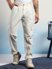 Kotty Men Low-Rise Wrinkle Free Chambray Pleated Cargos Trousers