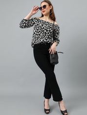 Kotty Women Floral Print Off-Shoulder Puff Sleeves Crepe Top