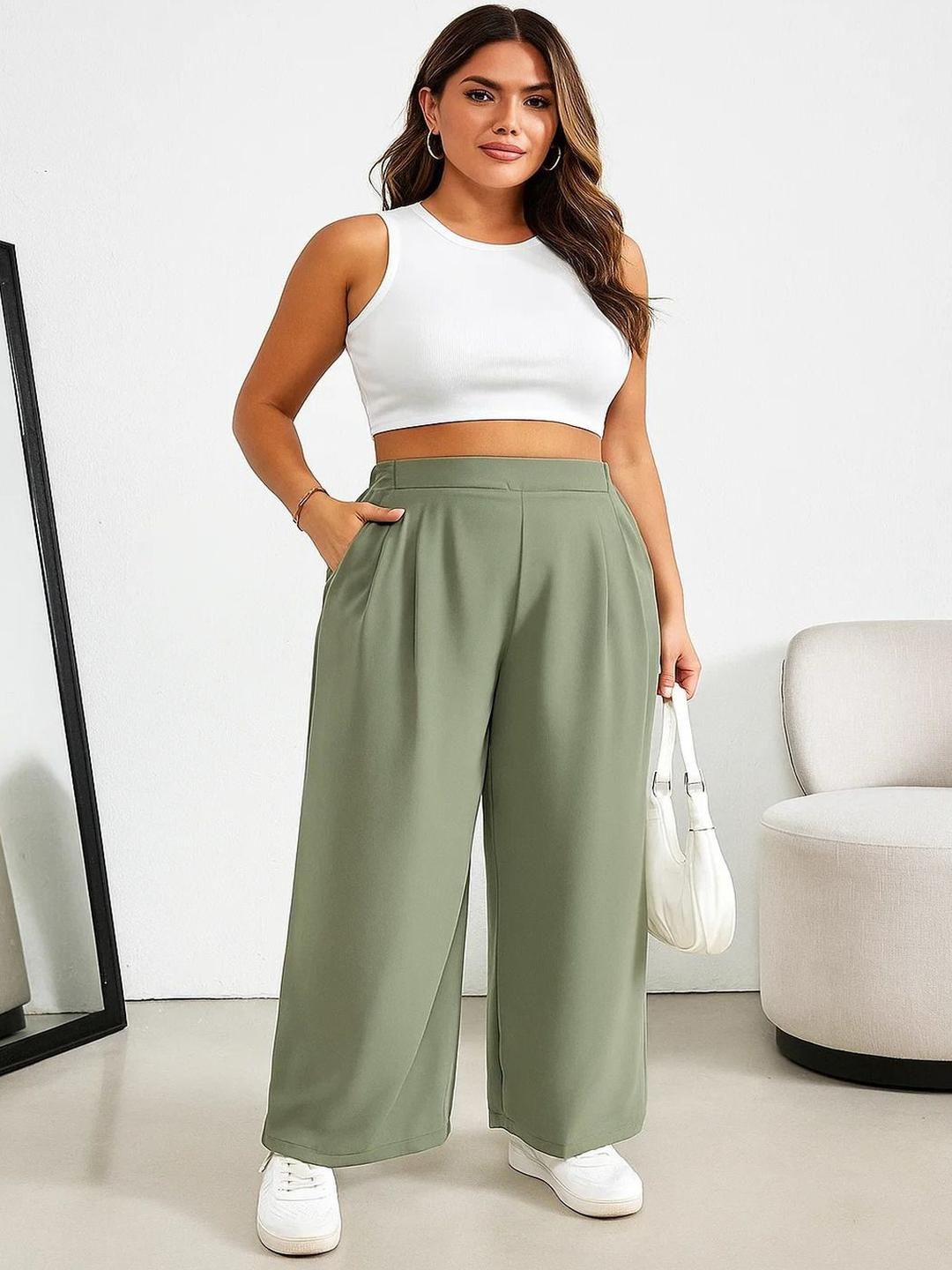 CURVE BY KOTTY Women Relaxed Straight Leg High-Rise Trousers