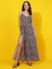 Kotty Women Shoulder Straps Floral Printed Gathered or Pleated Maxi Dress