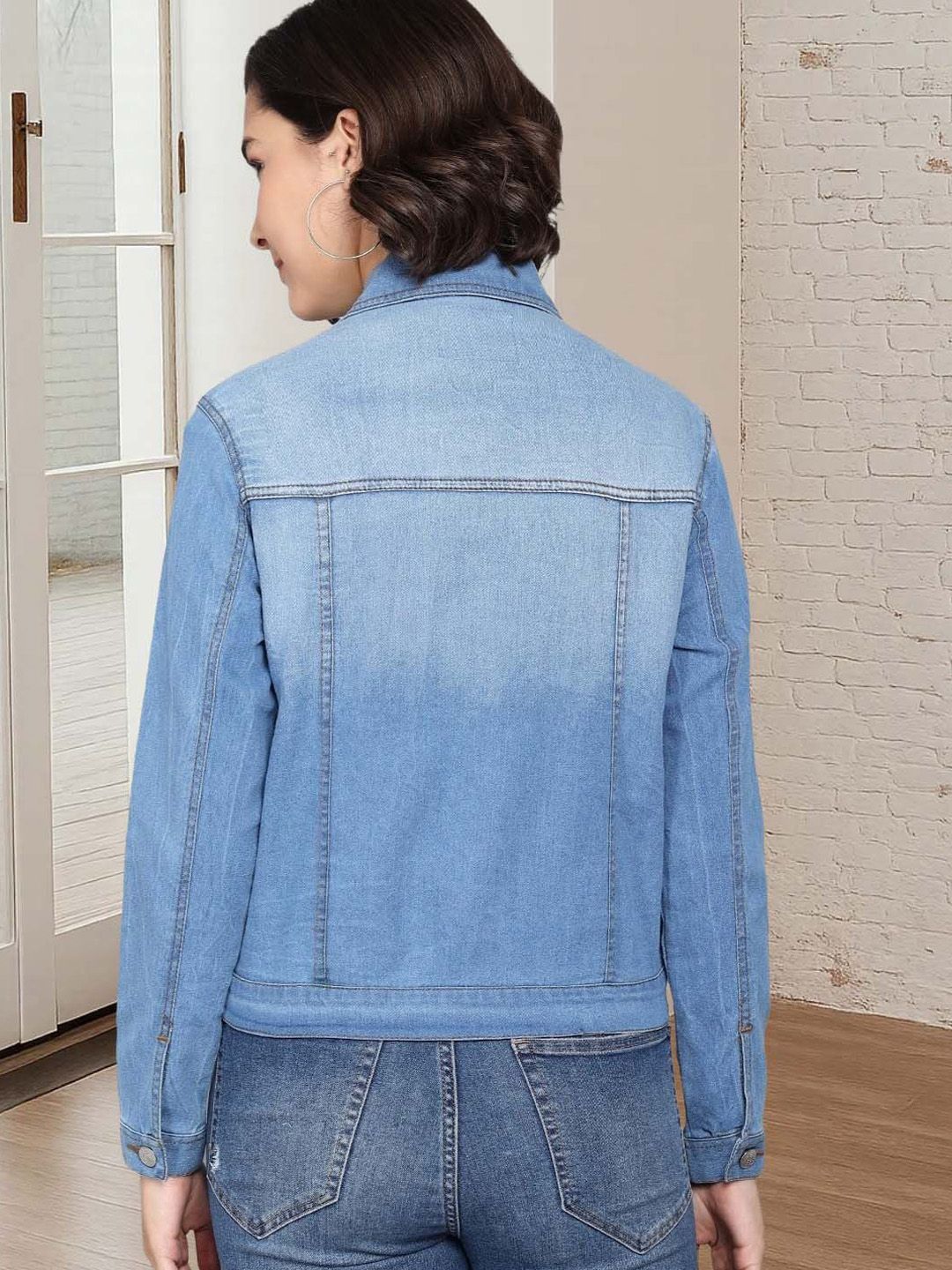 Kotty Women Spread Collar Solid Denim Jacket