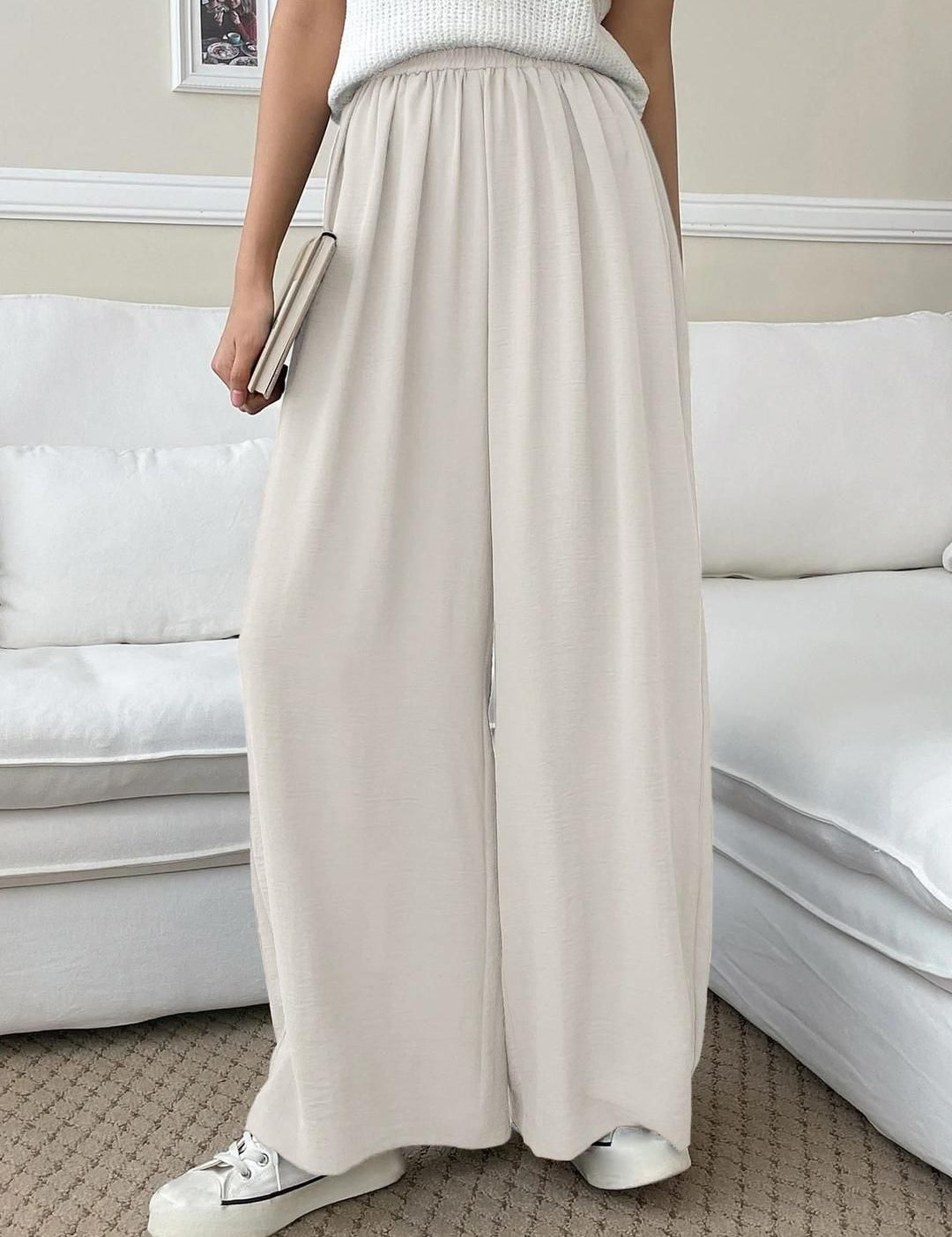 Kotty Women Solid High-Rise Flowy Pants with Elasticated Waist