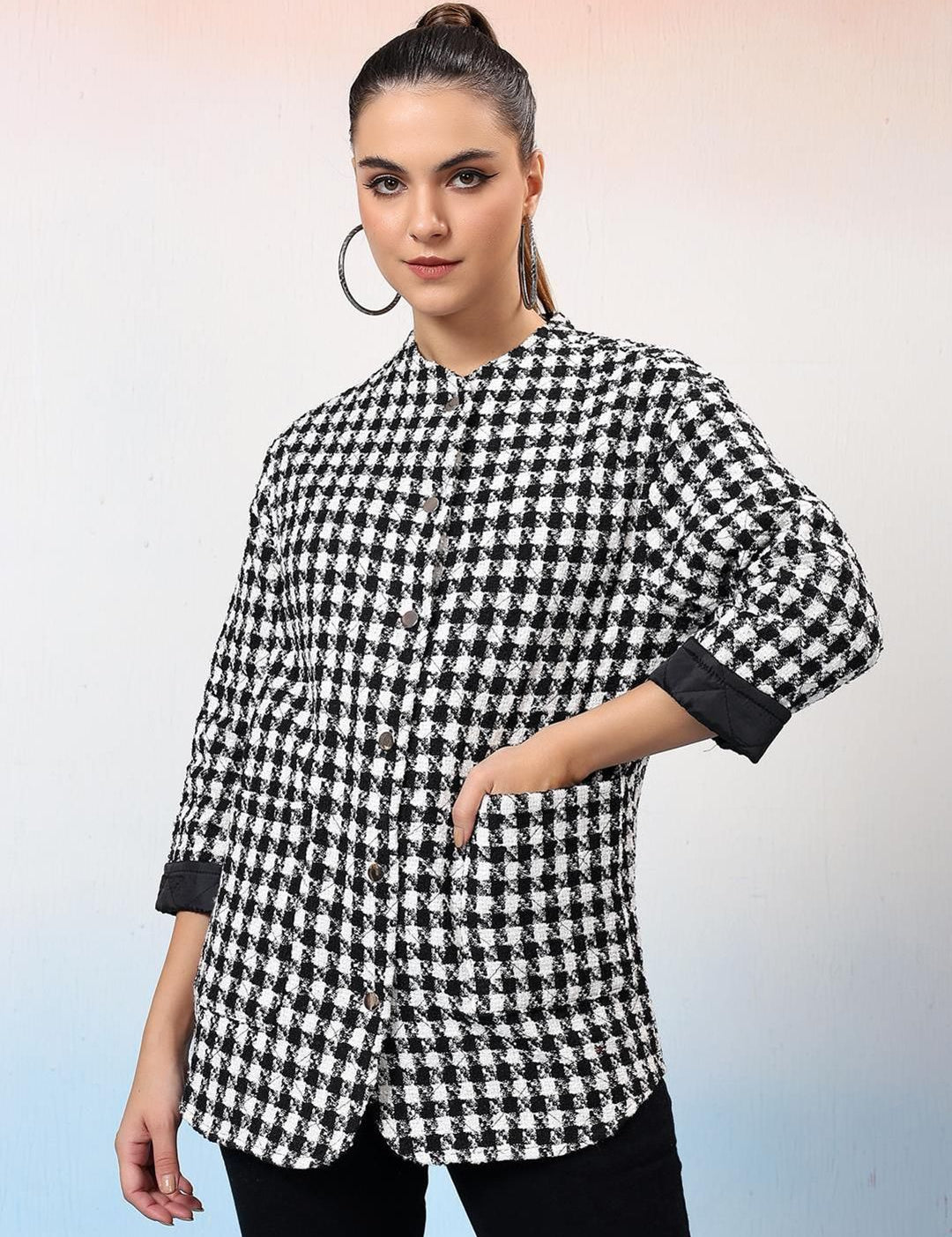 Kotty Women Checked Mandarin Collar Single-Breasted Overcoat