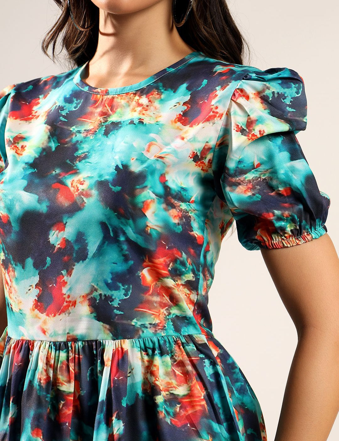 Kotty Women Abstract Printed Round Neck Puff Sleeve Peplum Top