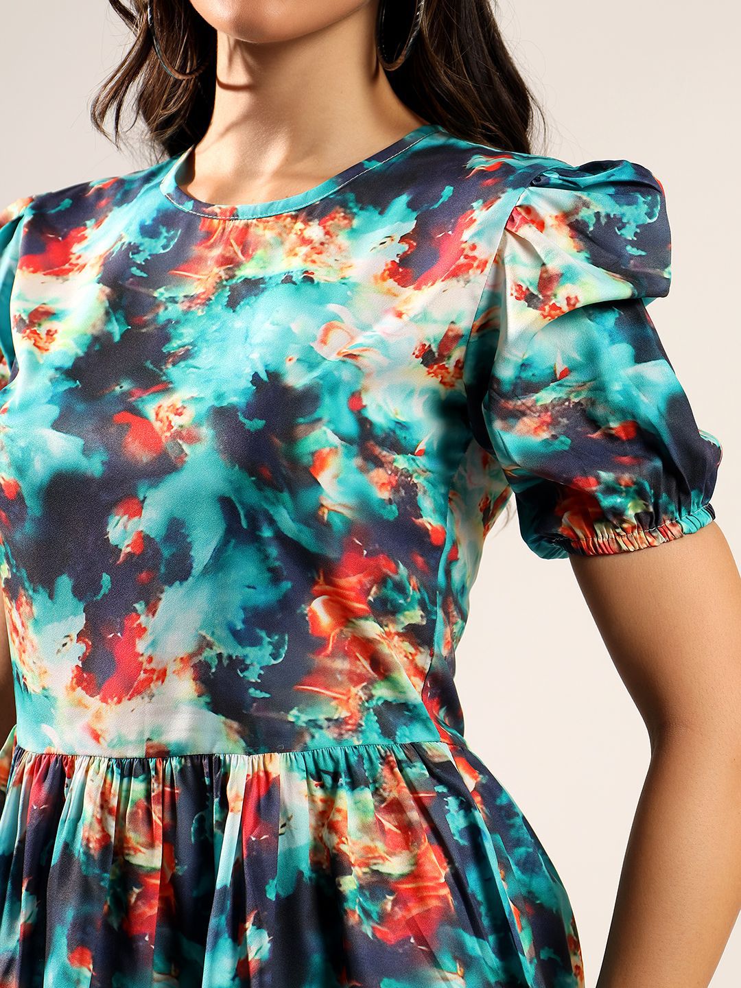 Kotty Women Abstract Printed Round Neck Puff Sleeve Peplum Top