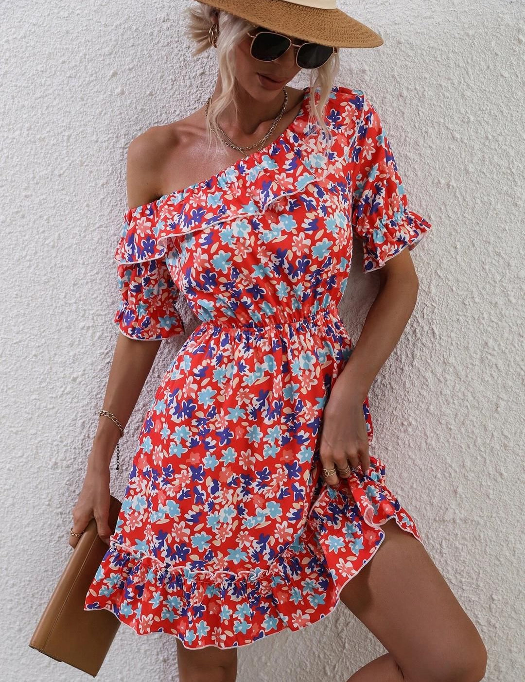 Kotty Floral Printed Flared One Shoulder Fit & Flare Dress