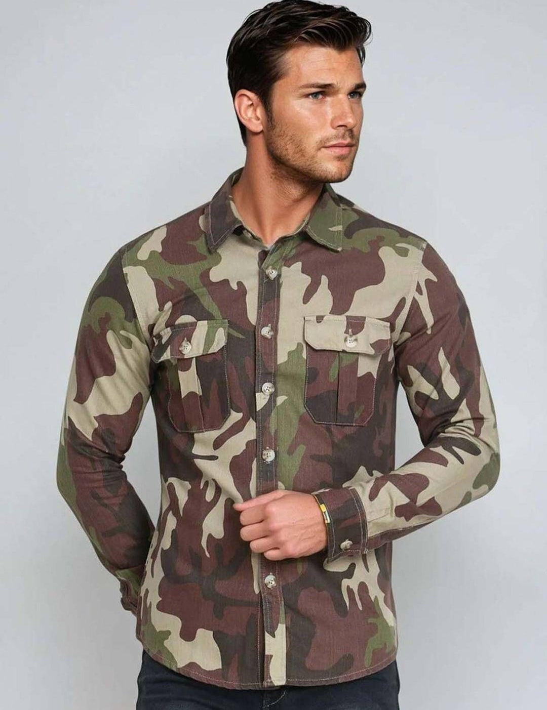 Kotty Men Spread Collar Camouflage Printed Denim Cotton Jacket