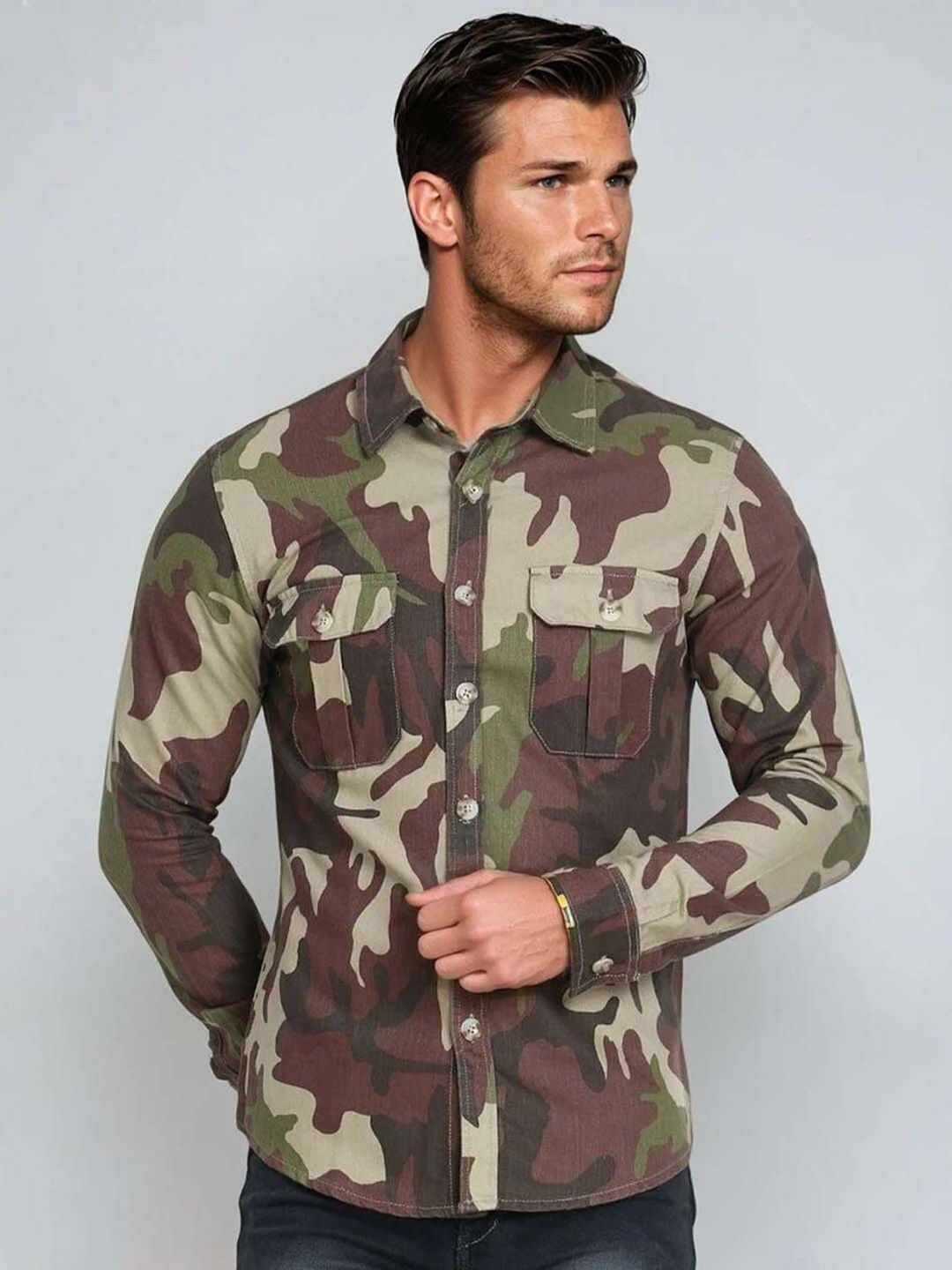 Kotty Men Spread Collar Camouflage Printed Denim Cotton Jacket