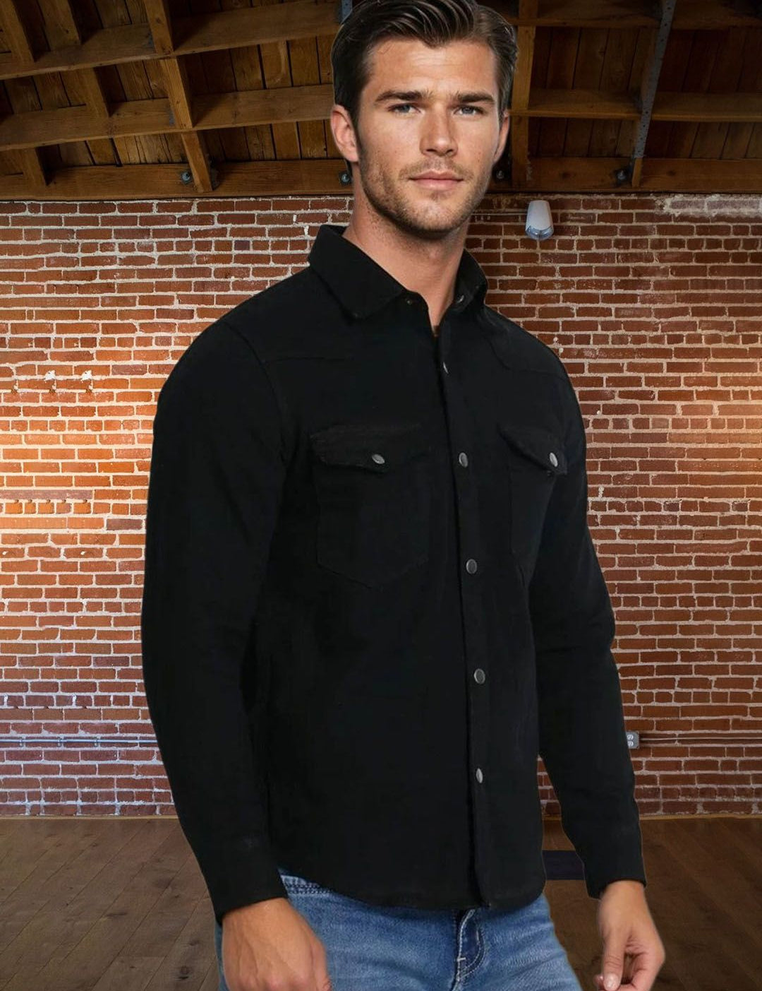 Kotty Men Spread Collar Solid Denim Jacket