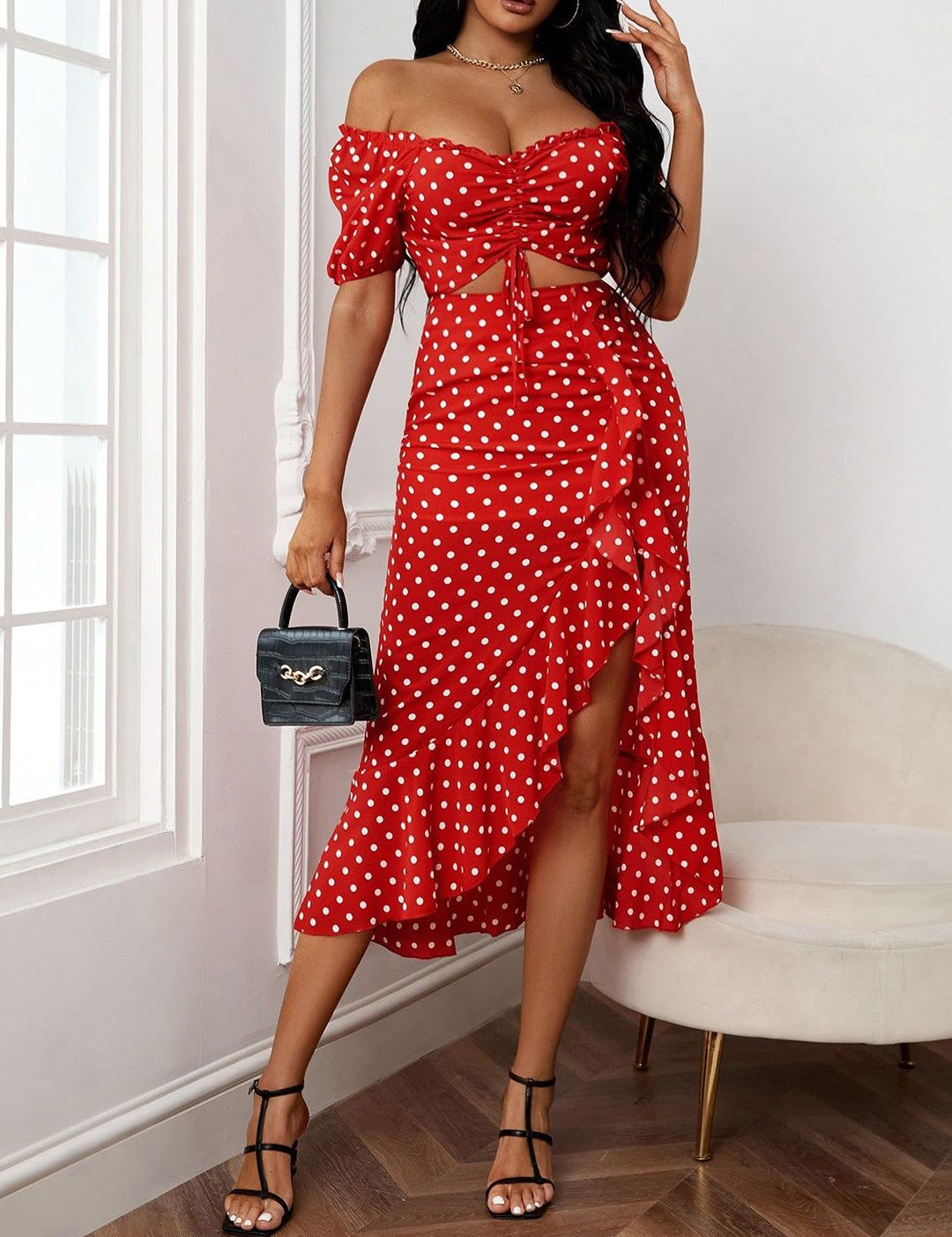 Kotty Polka Dot Off-Shoulder Top with Skirt