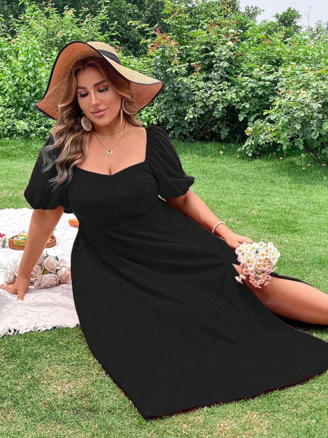 CURVE BY KOTTY Plus Size Puff Sleeve Fit & Flare Midi Dress With Slits