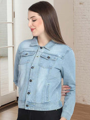 Kotty Women Spread Collar Solid Denim Jacket
