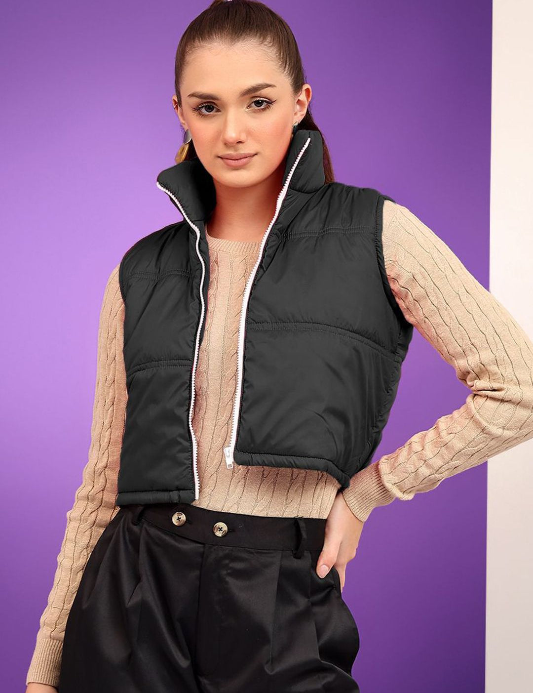 Kotty Women Mock Collar Solid Cotton Insulator Crop Gilet Jacket