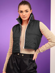 Kotty Women Mock Collar Solid Cotton Insulator Crop Gilet Jacket
