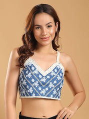 Kotty Women Floral Embroidered V-Neck Smocking Detail Cotton Crop Top