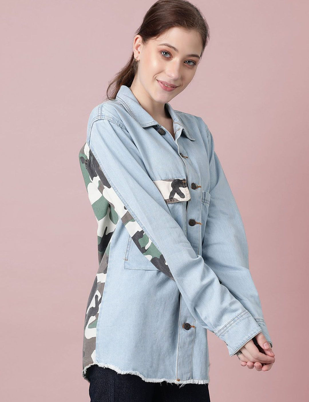Kotty Women Spread Collar Camouflage Printed Cotton Casual Denim Jacket