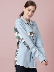 Kotty Women Spread Collar Camouflage Printed Cotton Casual Denim Jacket