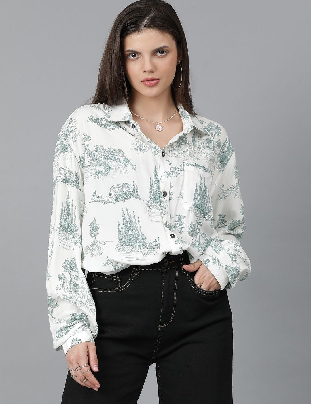 Kotty Women Spread Collar Conversational Printed Cotton Oversized Casual Shirt