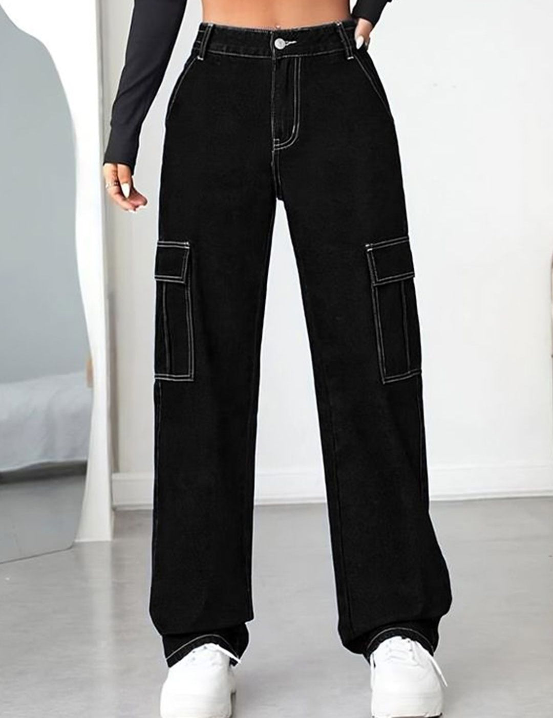 Kotty Women Straight Fit High-Rise Stretchable Cargo Jeans with White Stitching
