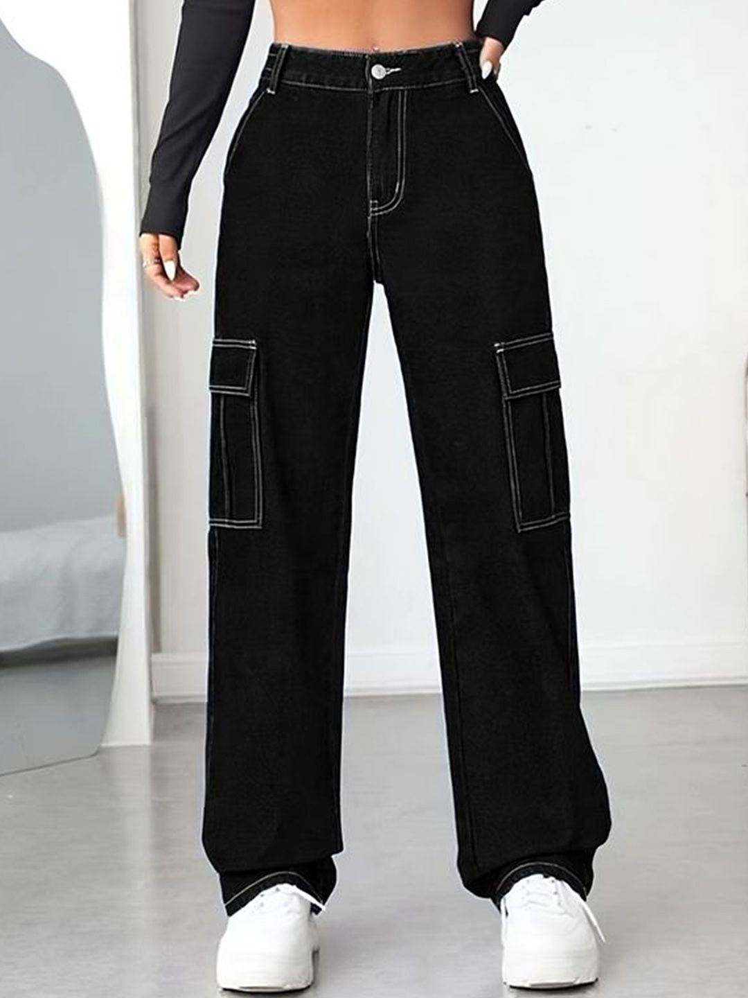 Kotty Women Straight Fit High-Rise Stretchable Cargo Jeans with White Stitching