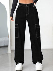 Kotty Women Straight Fit High-Rise Stretchable Cargo Jeans with White Stitching