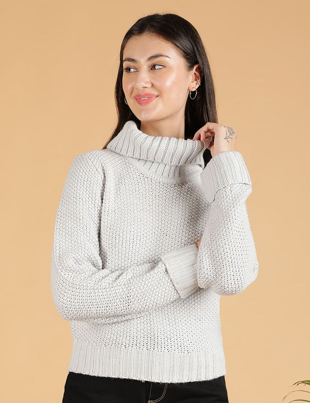 Kotty Women Cotton Turtle Neck Long Sleeves Casual Pullover