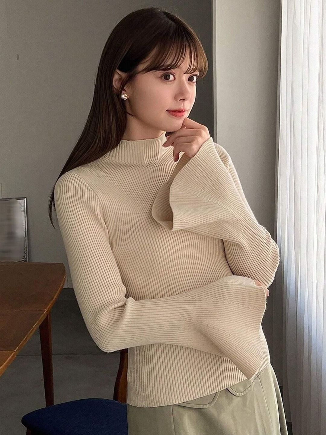 Kotty  Women Flared Sleeve Ribbed Top