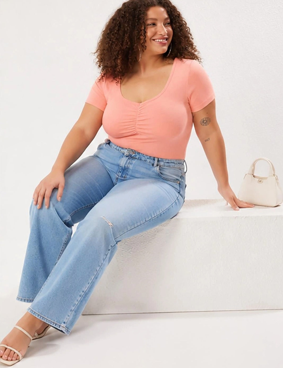 Kotty Women's Dusty Peach Scoop Neck Short Sleeve Top | Casual Everyday Wear