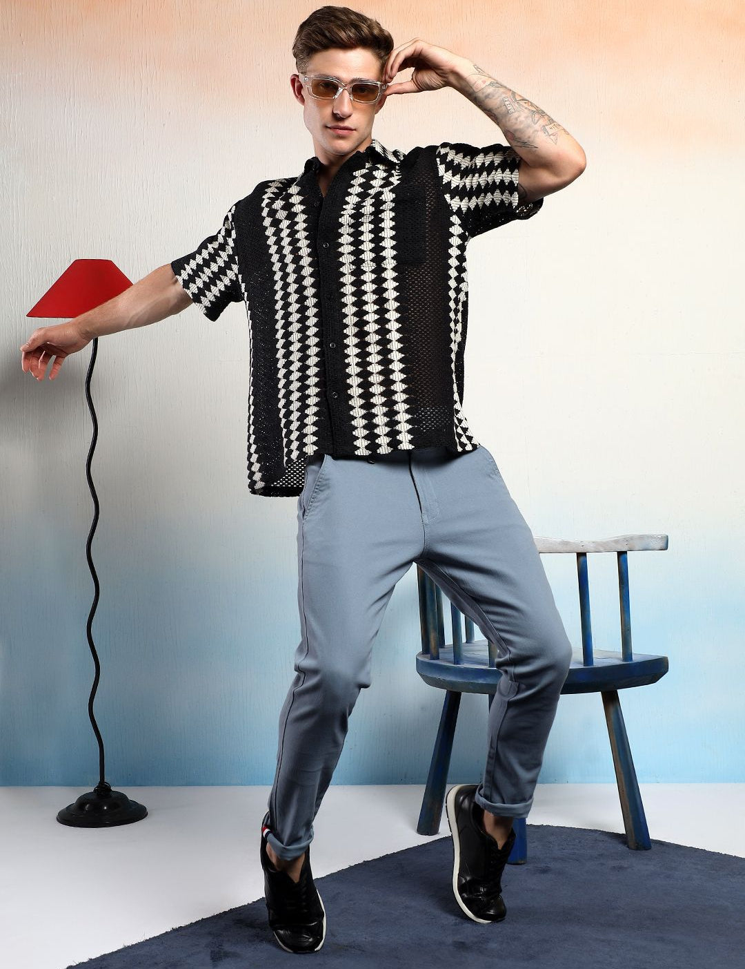 Kotty Vertical Stripes Cotton Spread Collar Short Sleeves Shirt