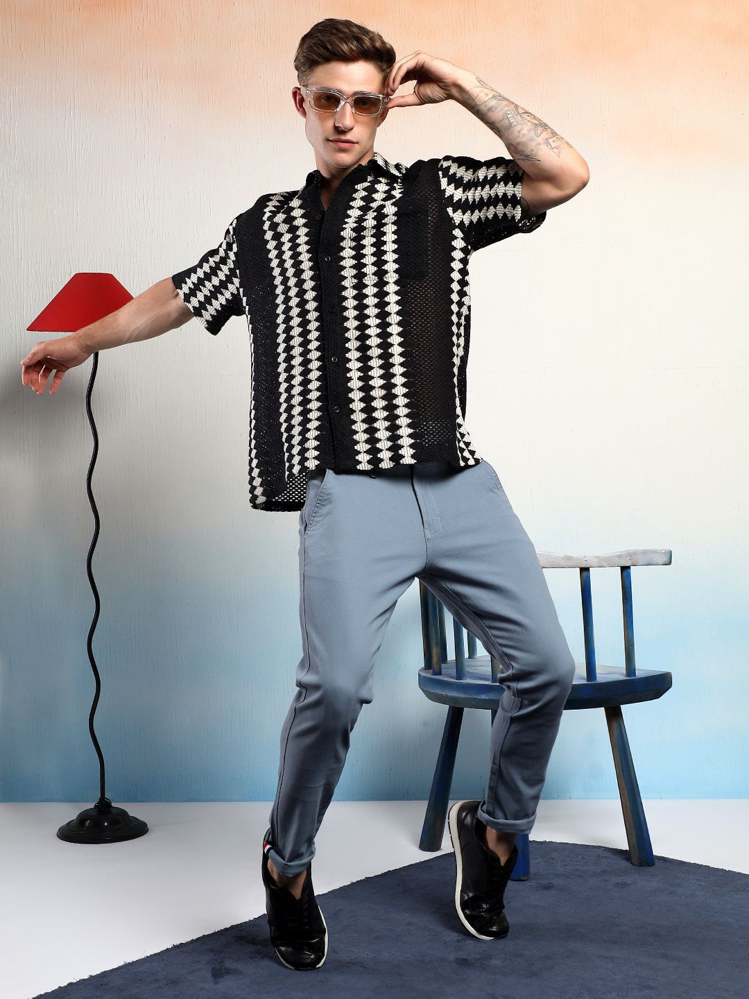 Kotty Vertical Stripes Cotton Spread Collar Short Sleeves Shirt