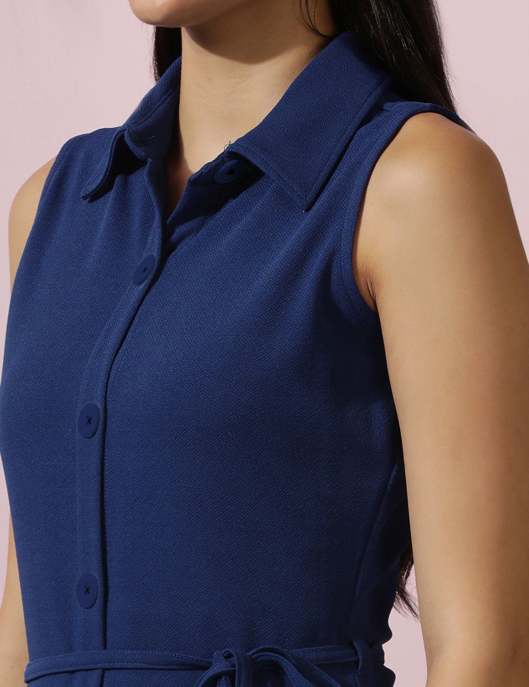 Kotty Solid Shirt Collar A-Line Midi Dress