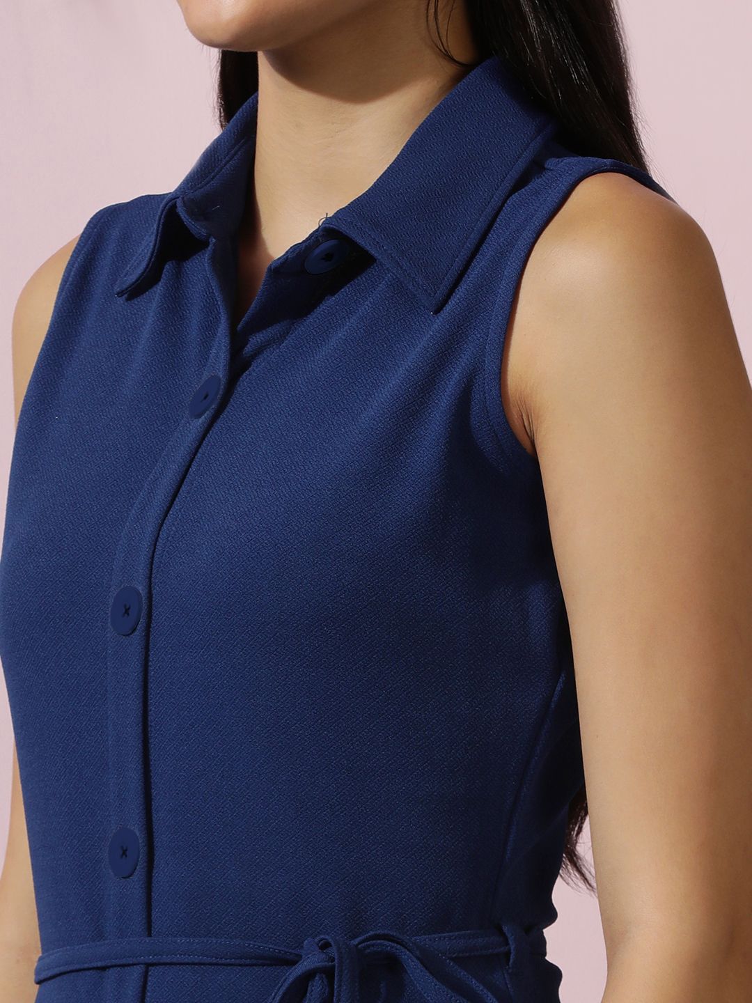 Kotty Solid Shirt Collar A-Line Midi Dress