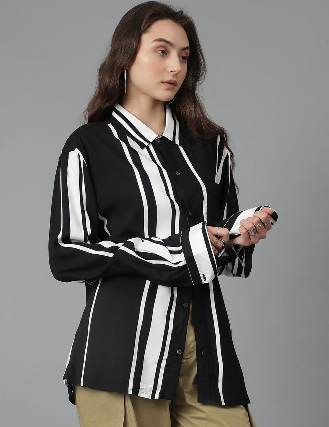 Kotty Women Opaque Striped Casual Oversized Shirt