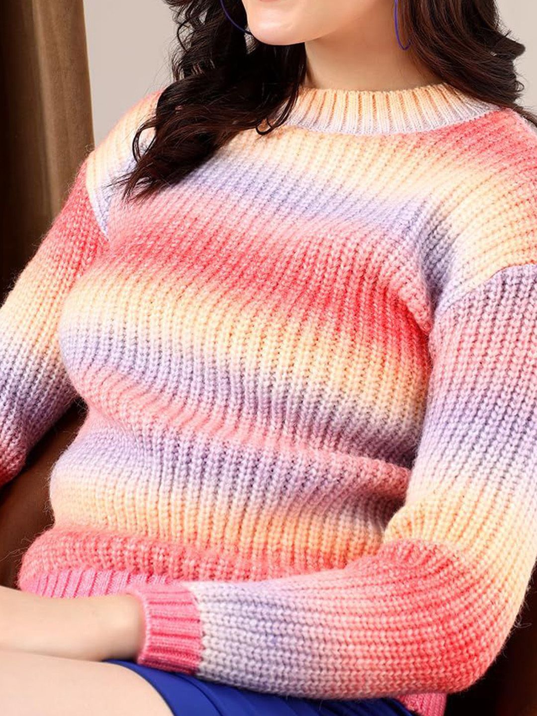Kotty Striped Crew Neck Cotton Pullover Sweater