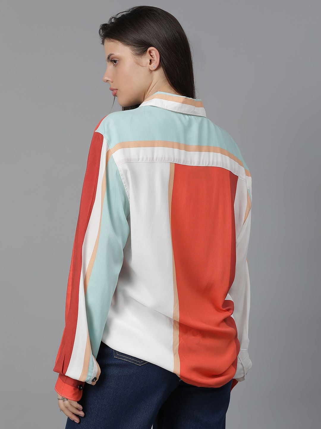 Kotty Women Spread Collar Colourblocked Cotton Oversized Casual Shirt