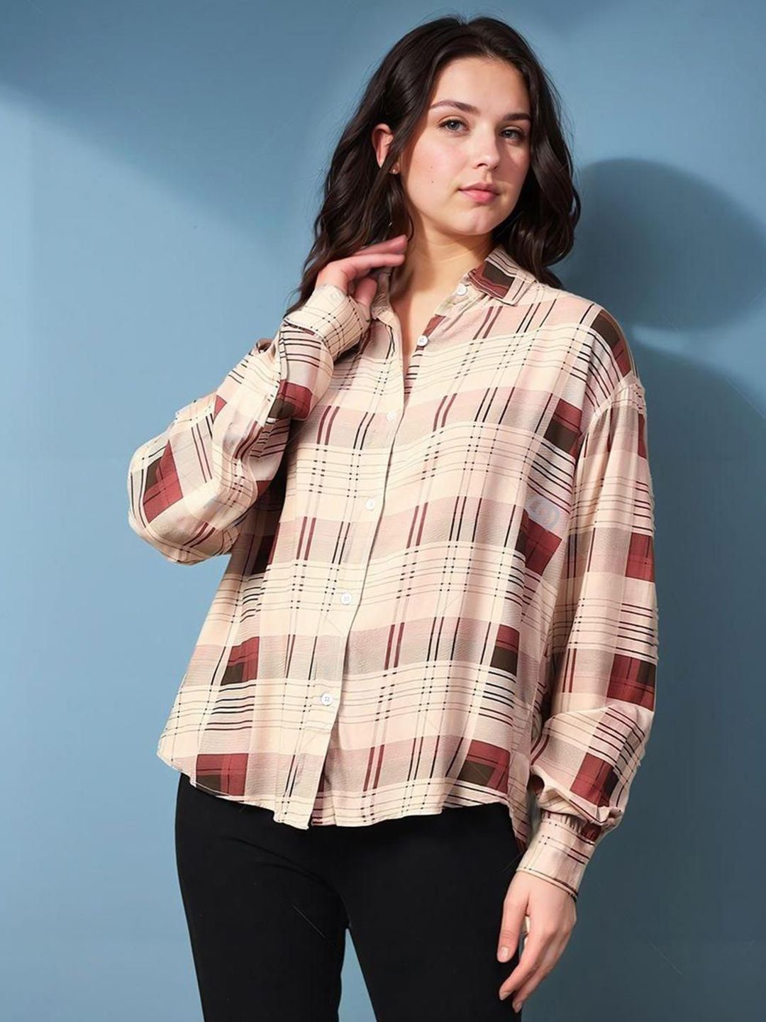 Kotty Women Spread Collar Tartan Checked Cotton Casual Shirt