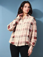 Kotty Women Spread Collar Tartan Checked Cotton Casual Shirt