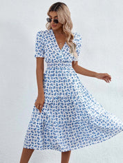 Kotty Women Floral Printed Puff Sleeves Smocked Wrap Midi Dress