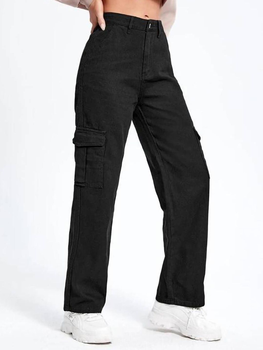 Kotty Women Straight Fit High-Rise Clean Look Stretchable Cargo Styles Cotton Jeans