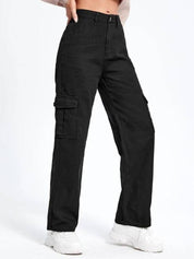 Kotty Women Straight Fit High-Rise Clean Look Stretchable Cargo Styles Cotton Jeans